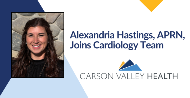 Announcement graphic reading "Alexandria Hastings, APRN, Joins Cardiology Team" with a headshot portrait and the Carson Valley Health logo.