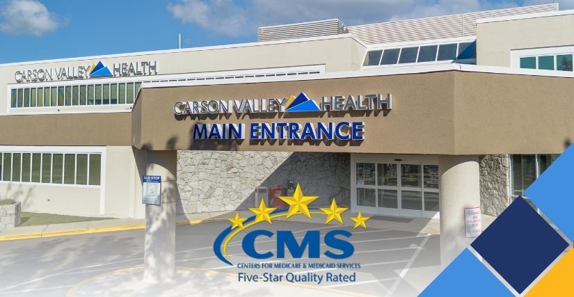 Exterior view of the main entrance to Carson Valley Health, overlaid with the CMS 5-Star Quality Rating logo.