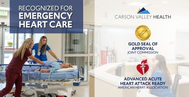 Graphic reading "Recognized for Emergency Heart Care" showing healthcare providers wheeling a patient on a stretcher alongside the Carson Valley Health logo and certification seals from The Joint Commission and American Heart Association.