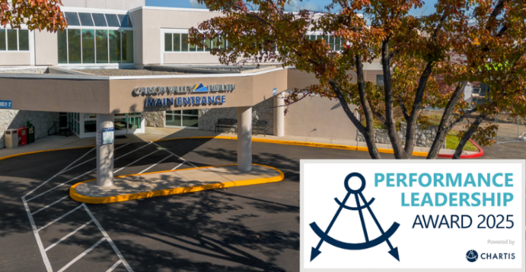 Exterior view of Carson Valley Health main entrance with autumn trees, featuring an overlay of the 2025 Performance Leadership Award emblem.