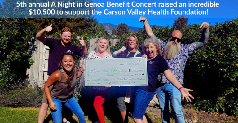 Group holding an oversized donation check for $10,000 celebrating the 5th Annual A Night in Genoa Benefit Concert for Carson Valley Health Foundation.