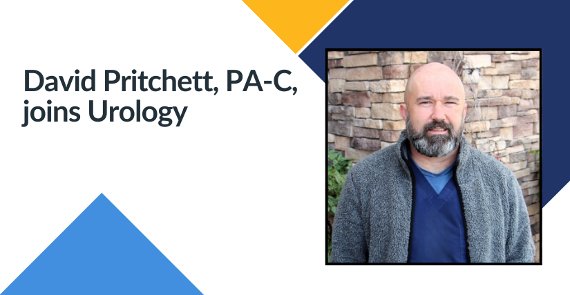 Announcement graphic featuring blue and yellow geometric corner shapes. On the left side, dark text reads "David Pritchett, PA-C, joins Urology." On the right side is a portrait of David Pritchett.